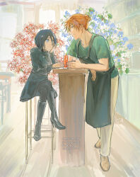  1boy 1girl absurdres alternate_hairstyle apron black_apron black_boots black_hair black_jacket black_pantyhose black_skirt bleach boots commentary commission commissioner_name counter english_commentary flower fur_scarf glass green_shirt hair_between_eyes hair_bun head_rest hetero high_heel_boots high_heels highres jacket jcell knee_boots kuchiki_rukia kurosaki_ichigo miniskirt mixed-language_commentary orange_hair pantyhose shirt signature single_hair_bun sitting skirt smile spider_lily stool t-shirt watermark 