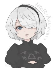  1girl 2b_(nier:automata) black_dress black_hairband blue_eyes commentary copyright_name cropped_torso cum cum_on_body dress hair_over_one_eye hairband harukairo highres looking_at_viewer mole mole_under_mouth nier:automata nier_(series) parted_lips puffy_sleeves short_hair simple_background solo untranslatable_commentary white_background white_hair 