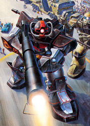  1980s_(style) bazooka_(gundam) cable car commentary_request crowd dom_(mobile_suit) dom_tropical_test_type dutch_angle firing gundam gundam_msv highres mecha mecha_focus mobile_suit mobile_suit_gundam motor_vehicle muzzle_flash no_humans official_art one-eyed painting_(medium) perspective promotional_art realistic retro_artstyle robot scan science_fiction scope shield takani_yoshiyuki traditional_media truck weapon zaku_ii zeon 