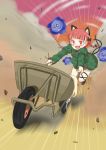  absurdres animal_ears bow braid cat_ears cat_tail extra_ears highres kaenbyou_rin kagachan multiple_tails open_mouth red_eyes red_hair redhead running short_hair solo tail touhou twin_braids twintails wheelbarrow 