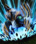  blue blue_eyes brown claws dragon electricity fang fangs fur green ground highres horns jinouga lightning mane monster monster_hunter monster_hunter_portable_3rd muscle no_humans open_mouth roaring scales solo teeth white_hair wyvern yellow youichi 