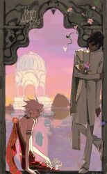  2boys arjuna_(fate) armlet black_hair blue_eyes blush brothers closed_eyes commentary_request dark-skinned_male dark_skin earrings fate/grand_order fate_(series) flower gradient_sky happy_valentine highres holding holding_flower indian_architecture indian_clothes jewelry karna_(fate) lome13056637464 long_sleeves multiple_boys open_mouth orange_sky pants pink_sky robe shirt short_hair siblings sitting sky smile standing white_hair 