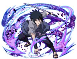  1boy black_boots black_hair black_pants boots grey_jacket heterochromia holding holding_sword holding_weapon jacket katana naruto_(series) naruto_shippuuden naruto_shippuuden:_ultimate_ninja_blazing official_art open-toe_boots pants red_eyes reverse_grip rinnegan sharingan short_hair short_sleeves solo sword uchiha_sasuke violet_eyes weapon 