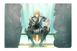  1boy 2others armor armored_boots asymmetrical_gloves black_boots black_coat black_gloves black_shirt blonde_hair blue_eyes boots border closed_mouth coat fingerless_gloves fur-trimmed_coat fur_trim gauntlets genshin_impact gloves hair_between_eyes hand_on_own_chin hand_up hashtag-only_commentary hayama_eishi highres lapels looking_at_viewer male_focus mismatched_gloves multiple_others multiple_scars open_clothes open_coat pants parted_bangs pauldrons scar scar_on_arm scar_on_cheek scar_on_face shirt short_hair shoulder_armor single_gauntlet single_pauldron sitting smile smirk solo_focus split_mouth thigh_boots thigh_strap v-shaped_eyebrows varka_(genshin_impact) white_border white_pants 