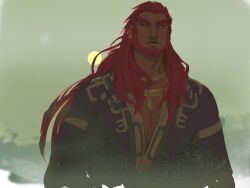  1boy beard commentary dark-skinned_male dark_skin english_commentary expressionless facial_hair ganondorf highres jewelry long_hair looking_at_viewer male_focus mature_male necklace outdoors pectorals sand solo st_hedge sun the_legend_of_zelda upper_body very_long_hair 