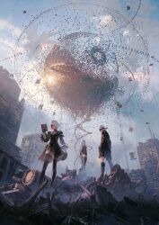  1boy 2b_(nier:automata) 2girls 3d 9s_(nier:automata) a2_(nier:automata) absurdres android black_boots black_dress black_hairband black_shirt black_shorts blindfold boots building city commentary covered_eyes day debris destruction dress elbow_gloves emil_(nier) english_commentary feather-trimmed_sleeves feather_trim from_below full_body gloves hairband highres holding juliet_sleeves long_hair long_legs long_sleeves mole mole_under_mouth multiple_girls nier:automata nier_(series) official_art outdoors post-apocalypse puffy_sleeves ruins shirt short_dress short_hair shorts sky slim_legs standing sun thigh-highs thigh_boots thighhighs_under_boots two-sided_dress two-sided_fabric very_short_hair white_hair wide_shot 