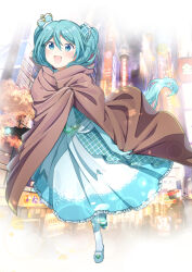  1girl agonasubi aqua_eyes aqua_hair blush brown_cloak cloak commentary_request crown dress full_body hair_between_eyes hatsune_miku highres looking_up mini_crown open_mouth outdoors pantyhose plaid_clothes plaid_dress running smile solo tilted_halo vocaloid white_pantyhose 