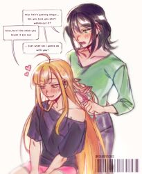  2girls absurdres barcode black_pants black_shirt blonde_hair blush brushing_another's_hair brushing_hair cho_kaguya-hime! commentary dead_finch english_commentary english_text green_eyes green_shirt hair_brush heart highres holding holding_hair_brush kaguya_(cho_kaguya-hime!) medium_hair mole mole_under_eye multiple_girls open_mouth pants pink_shorts purple_hair sakayori_iroha shirt shorts simple_background smile speech_bubble twitter_username white_background yuri 