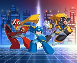  3boys absurdres android arm_cannon armor assault_visor bass_(mega_man) black_armor black_helmet blue_armor blue_bodysuit blue_eyes blue_helmet bodysuit chest_jewel city_lights cityscape clenched_teeth closed_mouth dashing diegodoodles facial_mark forehead_jewel full_body gradient_background grey_bodysuit helmet highres holding holding_shield jewelry looking_at_viewer mega_man_(character) mega_man_(classic) mega_man_(series) multiple_boys open_mouth proto_man red_armor red_eyes red_helmet robot robot_ears scarf shield shoulder_armor siblings standing sunglasses teeth upper_teeth_only weapon yellow_scarf 