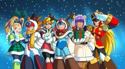  3boys 3girls absurdres alia_(mega_man) android animal_ears armor axl_(mega_man) belt black_belt black_hat blonde_hair blue_eyes bodysuit breasts brown_hair chest_jewel christmas christmas_present clenched_hands clenched_teeth closed_mouth coat commentary cosplay dark-skinned_female dark_skin deer_costume deer_ears detached_hair diegodoodles english_commentary epaulettes forehead_jewel gift gloves green_armor green_eyes hair_ornament hair_over_eyes hand_on_own_hip hat helmet highres hime_cut holding holding_gift jewelry joints large_breasts layer_(mega_man) leaf_hair_ornament long_hair looking_at_viewer mega_man_(series) mega_man_x_(series) multiple_boys multiple_girls navigator official_style open_mouth pallette_(mega_man) pink_armor ponytail purple_hair red_armor red_helmet red_ribbon ribbon robot_ears robot_girl robot_joints rudolph_the_red_nosed_reindeer rudolph_the_red_nosed_reindeer_(cosplay) salute scarf sensei_haruki_suetsugu_(style) skirt smile snowman_costume spiky_hair teeth twintails upper_teeth_only v very_long_hair white_coat x_(mega_man) yellow_scarf zero_(mega_man) 