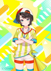  1girl baseball_cap black_hair blue_eyes closed_mouth commentary_request cowboy_shot crossed_arms hat hololive looking_at_viewer megaphone official_art oozora_subaru oozora_subaru_(1st_costume) red_hat shirt short_hair shorts smile solo standing striped_clothes striped_shirt sweatband swept_bangs t-shirt thigh-highs tied_shirt tsunakawa two-tone_headwear two-tone_shirt vertical-striped_clothes vertical-striped_shirt virtual_youtuber whistle whistle_around_neck white_hat white_shirt white_shorts yellow_shirt 