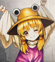  1girl blonde_hair blush brown_hat closed_mouth commentary_request hair_ribbon hat highres long_hair long_sleeves looking_at_viewer moriya_suwako purple_vest red_ribbon ribbon smile solo tatuhiro touhou traditional_media tress_ribbon vest wide_sleeves 