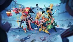  2girls 6+boys afro antlers attack bandana_around_arm bikini bikini_top_only black_hair black_suit blonde_hair bluelemondraws boots brook_(one_piece) buzz_cut commentary crossed_arms crown diable_jambe english_commentary falling_petals feather_boa fire franky_(one_piece) full_body green_kimono haki_(one_piece) hand_in_pocket haramaki hat highres holding holding_staff holding_sword holding_weapon horns japanese_clothes jinbe_(one_piece) kimono long_hair looking_at_viewer monkey_d._luffy multiple_boys multiple_girls nami_(one_piece) nico_robin one_piece open_mouth orange_hair petals pink_sarong ponytail procreate_(medium) red_shirt reindeer_antlers roronoa_zoro sanji_(one_piece) sarong sash sheath shirt short_hair skeleton staff standing standing_on_one_leg stitched_torso stitches straw_hat straw_hat_pirates suit swimsuit sword tony_tony_chopper unsheathing usopp very_short_hair weapon weapon_in_mouth 