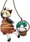  :3 asyura7 blonde_hair blush bow brown_eyes bucket child girl_in_bucket green_eyes green_hair hair_bobbles hair_bow hair_ornament in_bucket in_container kisume kurodani_yamame multiple_girls open_mouth short_hair smile touhou twintails 