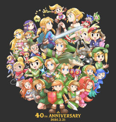  2026 6+boys 6+girls absolutely_everyone absurdres ahegao alternate_color anniversary aogaeru_(pixiv46613656) aqua_dress armor bangle beak beard belt belt_buckle black_background black_eyes black_skin blonde_hair blue_eyes blue_hair blue_hat boots bracelet breasts brown_belt brown_boots brown_gloves brown_hair buckle carrying chainmail champion's_tunic_(zelda) colored_sclera colored_skin commentary_request dark-skinned_female dark_skin dated din dress earrings everyone ezlo facial_hair fang fingerless_gloves flower gloves glowing glowing_sword glowing_weapon gold_bangle green_hair green_tunic grin hair_flower hair_ornament harp hat helmet hibiscus highres holding holding_harp holding_map holding_ocarina holding_shield holding_sword holding_weapon imp instrument jewelry leather leather_gloves linebeck link loftwing long_hair majora_(zelda) map marin_(zelda) master_sword midna mini_hat multicolored_skin multiple_boys multiple_girls mustache navi nayru open_mouth orange_hair partial_commentary pink_dress pointy_ears ponytail princess_hilda princess_zelda purple_hair purple_hat red_eyes red_hair red_hat rupee_(zelda) salute shield shoulder_armor shoulder_carry sidelocks sleeveless sleeveless_dress small_breasts smile sparkle super_smash_bros. sword tan tatl tattoo tetra the_legend_of_zelda the_legend_of_zelda:_a_link_between_worlds the_legend_of_zelda:_a_link_to_the_past the_legend_of_zelda:_breath_of_the_wild the_legend_of_zelda:_echoes_of_wisdom the_legend_of_zelda:_four_swords the_legend_of_zelda:_link's_awakening the_legend_of_zelda:_majora's_mask the_legend_of_zelda:_ocarina_of_time the_legend_of_zelda:_oracle_of_ages the_legend_of_zelda:_oracle_of_seasons the_legend_of_zelda:_phantom_hourglass the_legend_of_zelda:_skyward_sword the_legend_of_zelda:_spirit_tracks the_legend_of_zelda:_tears_of_the_kingdom the_legend_of_zelda:_the_minish_cap the_legend_of_zelda:_the_wind_waker the_legend_of_zelda:_twilight_princess the_legend_of_zelda_(nes) tiara toon_link toon_zelda train_conductor tri_(zelda) triforce triforce_tattoo tunic two-tone_skin wand weapon white_skin wind_waker_(object) wolf_link yellow_sclera 