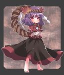  black_skirt boooo-im crossed_arms highres leaf long_skirt purple_hair red_eyes sandals shimenawa short_hair skirt solo touhou yasaka_kanako 