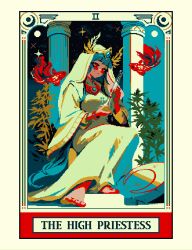  barefoot black_sky blue_hair blush bong card_(medium) closed_mouth clouds column_lineup_background commentary crescent dress english_commentary english_text fish full_moon gold_tiara laurel_crown long_hair long_sleeves moon pixel_art pixel_text plant red_eyes sitting sky sparkle star_(symbol) tarot tarot_(medium) the_high_priestess_(tarot) thisislux veil very_long_hair yellow_dress yellow_veil 