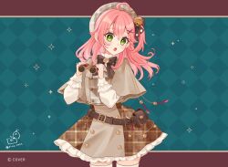  1girl ahoge bell binoculars blue_background brown_hat brown_skirt checkered_background commentary_request cowboy_shot detective green_eyes hair_bell hair_ornament hat holding holding_binoculars hololive jingle_bell long_sleeves looking_at_viewer miniskirt official_art one_eye_closed open_mouth pink_hair plaid_clothes plaid_hat plaid_skirt pleated_skirt rino_cnc sakura_miko skirt solo teeth thigh-highs unmoving_pattern upper_teeth_only white_thighhighs x_hair_ornament 