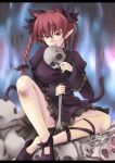  animal_ears bad_id bone braid cat_ears cat_tail extra_ears kaenbyou_rin legs multiple_tails no_socks red_eyes red_hair redhead shoe_dangle sitting skeleton skull solo tail touhou twin_braids twintails yude 