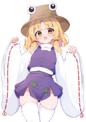  1girl :d animal_print blonde_hair blush brown_hat commentary_request cowboy_shot frog_print hands_up hat long_sleeves looking_at_viewer moriya_suwako open_mouth parted_bangs print_skirt purple_skirt purple_vest ribbon-trimmed_sleeves ribbon_trim rururiaru shirt short_hair simple_background skirt skirt_set smile solo thick_eyebrows thigh-highs touhou vest white_background white_shirt white_thighhighs wide_sleeves yellow_eyes zettai_ryouiki 