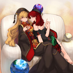  2girls absurdres barefoot black_choker black_dress black_shirt blonde_hair brown_background chain choker commentary_request couch dalachi_(headdress) dress earth_(ornament) feet_out_of_frame from_behind gold_chain gold_trim green_skirt hair_between_eyes hecatia_lapislazuli highres holding holding_chain holding_hands interlocked_fingers junko_(touhou) leaning_on_person long_hair long_sleeves medium_hair moon_(ornament) multiple_girls neold off-shoulder_shirt off_shoulder parted_lips pattern_request plaid_clothes plaid_skirt planet red_eyes red_hair red_tabard shirt simple_background sitting skirt tabard touhou very_long_hair wide_sleeves yuri 