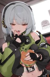  1girl anby_demara burger hamburger ketchup licking_finger short_hair zenless_zone_zero 
