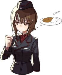  1girl black_hat black_jacket breasts brown_eyes brown_hair clenched_hand closed_mouth commentary_request cross curry curry_rice food garrison_cap girls_und_panzer hat iron_cross jacket kuromorimine_military_uniform large_breasts long_sleeves military military_uniform nishizumi_maho plate red_shirt rice shirt short_hair simple_background solo spoon suzuki_ritsu thinking upper_body white_background 