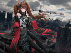  1girl absurdres angelina_(arknights) animal_ear_fluff animal_ears arknights arknights:_endfield bare_shoulders black_thighhighs breasts brown_hair building city coat commentary dangling dress floating_clothes floating_hair fold-over_boots fox_ears fox_girl gilberta_(arknights) grey_dress headpiece high_collar high_up highres impossible_clothes impossible_dress long_hair long_sleeves looking_at_viewer medium_breasts molyb off_shoulder open_clothes open_coat originium_(arknights) outdoors overcast red_coat red_eyes sitting sky skyscraper solo thigh-highs twintails 