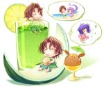  brown_hair chibi closed_eyes drink eyes_closed food fruit glass gundam gundam_00 haro kaga lime lime_(fruit) lockon_stratos lyle_dylandy neil_dylandy purple_hair smile tieria_erde 