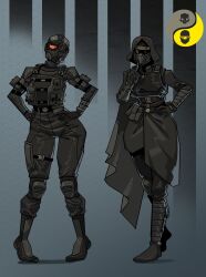  2girls ammunition_pouch belt black_boots black_gloves boots bulletproof_vest cape finger_to_mouth gloves hand_on_own_hip hands_on_own_hips helldiver_(helldivers) helldivers_(series) helmet highres ho-uja hood knee_pads mask mouth_mask multiple_girls ninja_mask pouch short_hair shushing single_knee_pad skull smile 