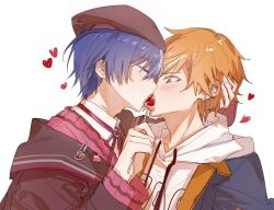  2boys aoyagi_touya beret blonde_streaks blue_hair blush closed_eyes collared_shirt commentary grabbing_another's_hair hat heart highres holding_another's_hair hood hoodie kiss multicolored_hair multiple_boys official_alternate_costume orange_hair project_sekai sayuu_ananooo shinonome_akito shirt simple_background split-color_hair streaked_hair untranslatable_commentary white_background white_hoodie yaoi 
