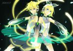  absurdres bare_shoulders bass_clef blonde_hair blue_eyes bow choker detached_sleeves headphones highres holding_hands kagamine_len kagamine_len_(append) kagamine_rin kagamine_rin_(append) len_append nail_polish navel outstretched_arm ponytail popped_collar rin_append see_through short_hair short_shorts shorts smile symmetry treble_clef vocaloid vocaloid_append 