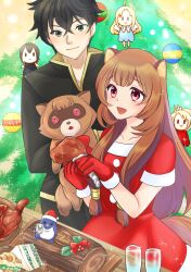  1boy 1girl :d absurdres amaki_ren animal_ear_fluff animal_ears black_hair black_pants black_shirt blunt_bangs blush breasts brown_hair character_doll character_ornament christmas christmas_ornaments christmas_tree closed_mouth collarbone collared_shirt commentary_request commission cowboy_shot doll dress filo_(tate_no_yuusha_no_nariagari) food glass green_eyes high_collar highres holding holding_food holly iwatani_naofumi kasakasako kitamura_motoyasu light_smile long_hair long_sleeves meat messy_hair metal_hair_tubes open_mouth pants raccoon_ears raccoon_girl raccoon_tail raph-chan raphtalia red_dress red_eyes sandwich santa_costume santa_dress shirt short_dress short_hair short_sleeves skeb_commission small_breasts smile sparkle tail tate_no_yuusha_no_nariagari yellow_background 