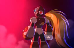  1boy absurdres android arm_cannon armor back blonde_hair blue_background blue_eyes chest_jewel clenched_hand closed_mouth diegodoodles emblem forehead_jewel from_behind gloves gradient_background helmet highres jewelry long_hair looking_to_the_side male_focus mega_man_(series) mega_man_x_(series) ponytail red_armor red_background red_helmet robot robot_ears solo solo_focus standing very_long_hair weapon white_gloves zero_(mega_man) 