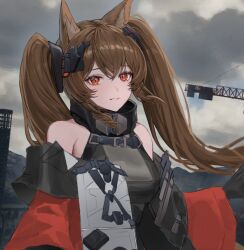  1girl angelina_(arknights) animal_ear_fluff animal_ears arknights arknights:_endfield bare_shoulders breasts brown_hair building city coat cropped dress floating_clothes fox_ears fox_girl gilberta_(arknights) grey_dress grin headpiece high_collar impossible_clothes impossible_dress long_hair long_sleeves looking_at_viewer medium_breasts molyb off_shoulder open_clothes open_coat outdoors overcast red_coat red_eyes sky skyscraper smile solo thigh-highs twintails upper_body 