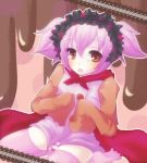  charlotte_(madoka_magica) kneeling long_sleeves lowres mahou_shoujo_madoka_magica open_mouth panties personification pink_hair pink_legwear pink_thighhighs red_eyes short_twintails striped striped_panties thigh-highs thighhighs twintails underwear 