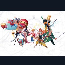  2girls 6+boys bandana_around_arm bikini bikini_top_only black_hair black_suit blonde_hair bluelemondraws brook_(one_piece) buzz_cut commentary crossed_arms diable_jambe franky_(one_piece) green_kimono haki_(one_piece) hand_in_pocket haramaki hat highres holding holding_staff holding_sword holding_weapon japanese_clothes jinbe_(one_piece) kimono looking_at_viewer monkey_d._luffy multiple_boys multiple_girls nami_(one_piece) nico_robin one_piece orange_hair pink_sarong procreate_(medium) red_shirt roronoa_zoro sanji_(one_piece) sarong sash shirt short_hair staff stitched_torso stitches straw_hat straw_hat_pirates suit swimsuit sword tony_tony_chopper unfinished usopp very_short_hair weapon weapon_in_mouth 