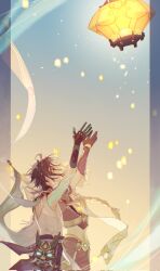  2boys aether_(genshin_impact) ahoge aqua_hair arm_tattoo arm_up back_cutout bead_necklace beads blonde_hair braid braided_ponytail brown_gloves brown_pants brown_shirt closed_mouth clothing_cutout commentary_request corrupted_twitter_file crop_top detached_sleeves earrings eyeliner floating_hair genshin_impact gloves gradient_sky green_gloves green_hair highres jewelry lantern long_hair looking_up makeup male_focus mask midriff multicolored_hair multiple_boys navel necklace pants paper_lantern parted_bangs parted_lips purple_pants red_eyeliner saiki_(leosetunakia) scarf shirt short_hair short_sleeves single_braid single_detached_sleeve single_earring sky sky_lantern sleeveless sleeveless_shirt smile standing stomach streaked_hair tassel tattoo thigh_strap unworn_mask very_long_hair white_scarf white_shirt wide_sleeves xiao_(genshin_impact) yellow_eyes 