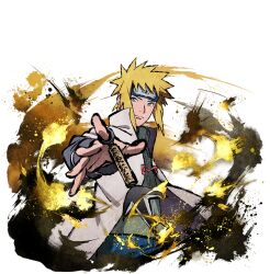 1boy blonde_hair blue_eyes coat forehead_protector konohagakure_symbol looking_at_viewer namikaze_minato naruto_(series) naruto_shippuuden:_ultimate_ninja_blazing official_art solo upper_body weapon white_coat 
