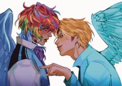  2girls :d adam's_apple aegyo_sal anger_vein angry aqua_wings bandaid bandaid_on_cheek bandaid_on_face bandaid_on_nose black_necktie blonde_hair blue_eyeshadow blue_hair blue_jacket blue_nails blue_wings blush commentary dark-skinned_female dark_skin ear_piercing earrings english_commentary eye_contact eyeshadow face-to-face face_piercing feathered_wings from_side green_hair grin hand_up highres index_finger_raised jacket jewelry kouxhii leaning_forward lightning_dust lip_piercing lips long_sleeves looking_at_another looking_down looking_up low_ponytail makeup medium_hair mole mole_under_mouth multicolored_hair multiple_girls my_little_pony my_little_pony:_friendship_is_magic nail_polish necktie open_mouth orange_hair personification piercing pink_eyes pointing ponytail portrait profile purple_hair raglan_sleeves rainbow_dash rainbow_hair realistic red_hair short_hair silver_earrings simple_background smile streaked_hair teeth thick_eyebrows twitter_username upper_teeth_only v-shaped_eyebrows white_background white_sleeves wings 