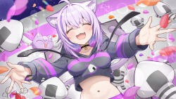  1girl ahoge animal_collar animal_ear_fluff animal_ears asymmetrical_pants balloon black_collar black_hoodie blush breasts cat_ears cat_girl cat_tail closed_eyes collar collarbone commentary_request cropped_hoodie crossed_bangs double-parted_bangs food food_print hair_between_eyes heart_balloon hololive hood hood_down hoodie large_breasts long_sleeves midriff navel nekomata_okayu nekomata_okayu_(1st_costume) onigiri onigiri_print onigirya_(nekomata_okayu) open_mouth pants purple_hair shirt short_hair sleeves_past_wrists smile stomach sweatpants tail torakichi_888 virtual_youtuber white_pants 