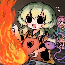  2girls apron black_eyes black_hairband blue_shirt buttons collared_shirt cooking empty_eyes eyeball fire frilled_shirt_collar frilled_sleeves frills frying_pan green_hair hairband heart heart_button heart_print heripantomorrow holding holding_frying_pan komeiji_koishi komeiji_satori missing_headwear multiple_girls open_mouth pink_apron pink_hair pink_skirt pink_slippers shirt siblings sisters skirt slippers stove sweatdrop third_eye touhou yellow_shirt 