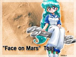  1girl artist_name bad_id blue_hair blue_shirt braid breasts closed_mouth collared_shirt dated double-sided_wrench english_text full_body green_shoes jumpsuit long_hair looking_at_viewer mars_(planet) medium_breasts oversized_object photo_background shirt shoes short_sleeves single_braid sitting sleeveless_jumpsuit smile solo tenjouin_katsura very_long_hair violet_eyes white_jumpsuit wrench yat_anshin_uchuu_ryokou zan_nekotama 