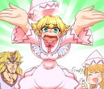  blonde_hair blood blush bondo breasts closed_mouth cosplay green_eyes horn hoshiguma_yuugi lily_white lily_white_(cosplay) long_hair man_face mizuhashi_parsee multiple_girls nosebleed open_mouth pointy_ears pun short_hair tears thumbs_up touhou 