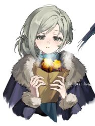  1girl :t bag blue_scarf coat commentary_request eating food food_on_face fur-trimmed_coat fur-trimmed_sleeves fur_trim grey_eyes grey_hair grocery_bag hair_bun highres holding holding_bag looking_at_viewer lune_(illust_lune) official_alternate_costume reverse:1999 scarf shopping_bag single_side_bun solo steam sweet_potato twitter_username upper_body vertin_(reverse:1999) vertin_(winter)_(reverse:1999) white_background 