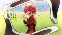  1boy 1other 3girls :d ahoge alternate_costume aqua_hair artist_name black_dress black_skirt blonde_hair character_request check_character china_dress chinese_clothes clouds commentary cosplay dress drill_hair english_commentary from_behind gold_trim grass hatsune_miku highres jia_xichun_(project_moon) jia_xichun_(project_moon)_(cosplay) kagamine_len kagamine_rin kasane_teto limbus_company looking_at_viewer multiple_girls netzachirl petals project_moon red_eyes red_petals red_shrug shrug_(clothing) skirt sky smile standing vocaloid waving 