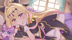  1girl animal_ear_fluff animal_ears antenna_hair aqua_eyes black_bow black_capelet black_dress black_thighhighs blonde_hair bow braid brooch capelet closed_mouth commentary creature crossed_bangs cure_arcana_shadow demonasa diamond_hairband dress earrings fairy forehead_jewel frilled_capelet frills full_body gem gold_trim gradient_hair hair_between_eyes hair_bow hair_intakes hairband half-closed_eyes half_up_braid hands_on_own_cheeks hands_on_own_face head_rest heart heart-shaped_blush_stickers heart_brooch highres indoors jewelry long_hair looking_at_viewer lying magical_girl mashu-tan medium_dress meitantei_precure! moria_luluka multicolored_hair on_bed on_stomach pink_hair precure purple_fur purple_gem purple_veil revision smile solo staff thigh-highs two-tone_hair veil very_long_hair violet_eyes white_wrist_cuffs window wrist_cuffs 