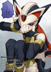  !? 1boy android animal_ears armor blush brown_eyes cat_ears cat_tail commentary_request fins flustered forehead_jewel gradient_background grey_background hands_on_own_head head_fins helmet hidden_phantom_(mega_man) knees_up male_focus mega_man_(series) mega_man_zero_(series) ninja red_scarf scarf simple_background sitting tail twitter_username watermark watermark_grid yamanashi_taiki 