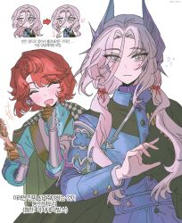  +++ 2girls ^_^ absurdres alternate_hairstyle black_cape blue_jacket blue_shirt cape chibi chibi_inset closed_eyes closed_mouth gauntlets green_cape grey_eyes grey_hair hair_brush hair_ornament hand_up highres holding holding_hair_brush jacket kim_8thhh korean_text long_hair looking_at_viewer low_twintails marsha_(reverse:1999) military_uniform multiple_girls open_mouth red_hair reverse:1999 sentinel_(reverse:1999) shirt short_hair side_cape smile translation_request twintails upper_body 