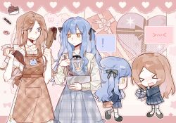  ! >_< 2girls apron artist_request bang_dream! bang_dream!_it's_mygo!!!!! black_ribbon blue_apron blue_eyes blue_hair bowl box box_of_chocolates brown_apron brown_hair chibi chinese_commentary chocolate chocolate_making closed_mouth commentary_request commission cookie food gift hair_ribbon hands_up heart heart-shaped_box highres holding holding_bowl holding_gift holding_pastry_bag holding_whisk long_hair long_sleeves looking_at_another mixing_bowl multiple_girls multiple_views nagasaki_soyo open_mouth pastry_bag ribbon school_uniform second-party_source shirt sidelocks smile spoken_exclamation_mark standing togawa_sakiko tsukinomori_school_uniform two_side_up valentine whisk white_shirt yellow_eyes 
